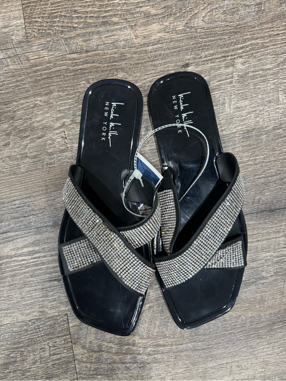 ANNA New York Black Crystal Crossband Slide Sandals